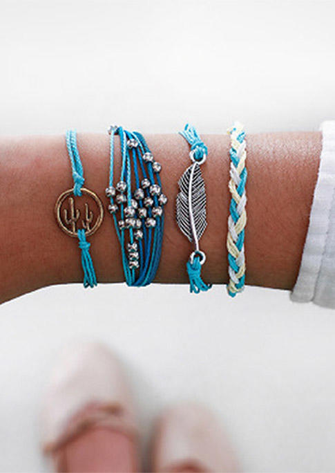 

Bracelet 4Pcs Feather Cactus Leaf Beading Adjustable Braided Bracelet Set in Blue. Size