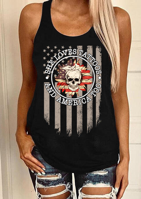 

Tank Tops She Loves Tattoos American Flag Skull Tank Top in Black. Size: ,L