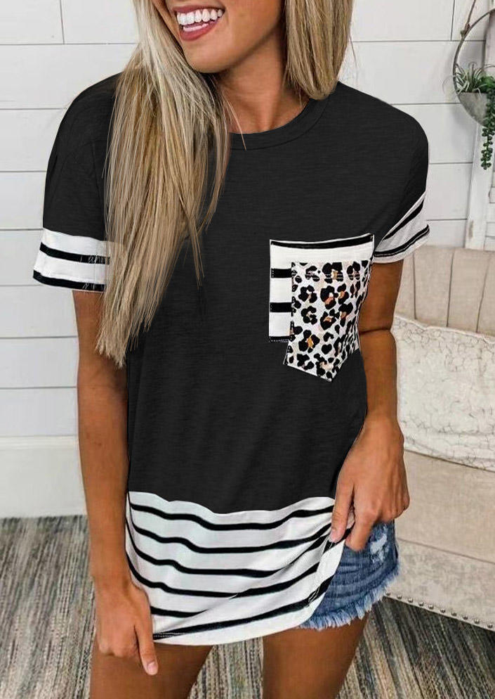 

Blouses Striped Leopard Pocket Splcing Short Sleeve Blouse in Black. Size: ,L