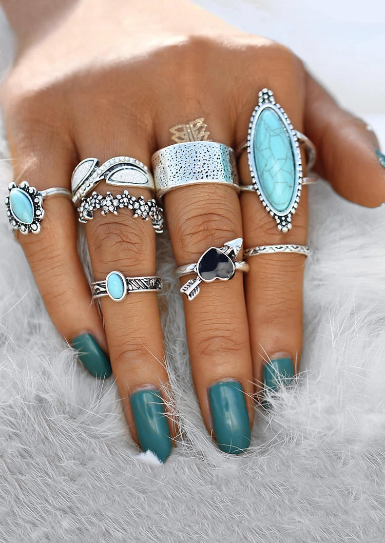

Rings 8Pcs Vintage Turquoise Floral Heart Arrow Ring Set in Silver. Size