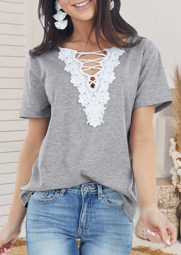 

Blouses Lace Hollow Out Criss-Cross Blouse in Gray. Size: ,M,L,XL