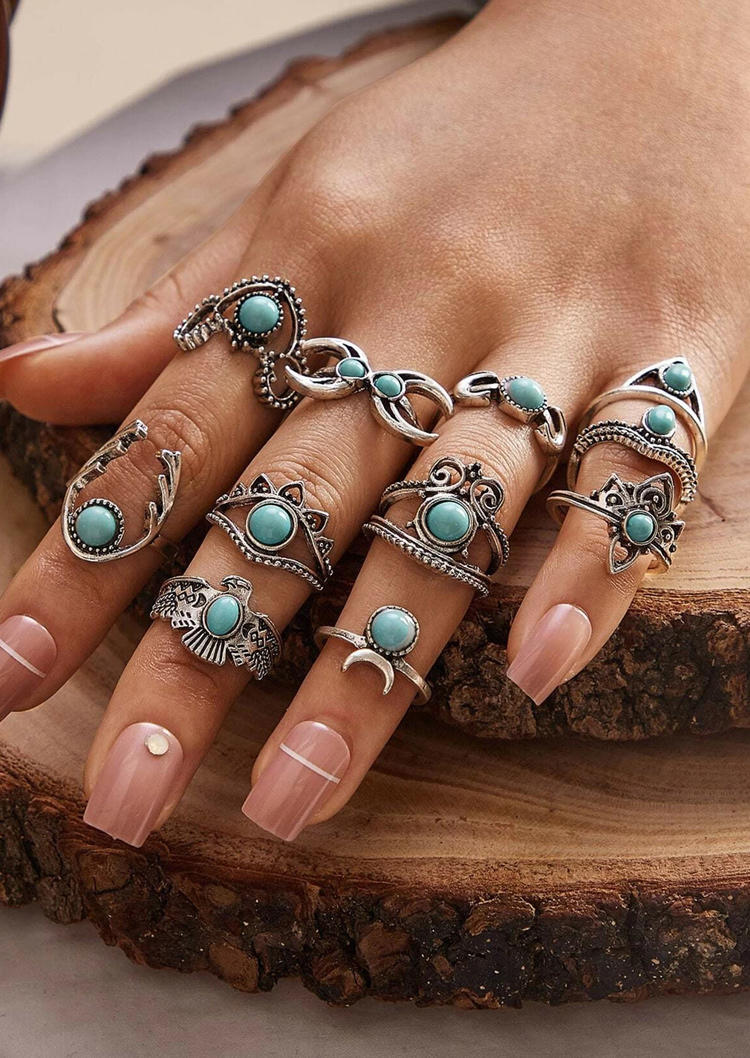 

Rings 11Pcs Turquoise Eagle Moon Ring Set in Silver. Size