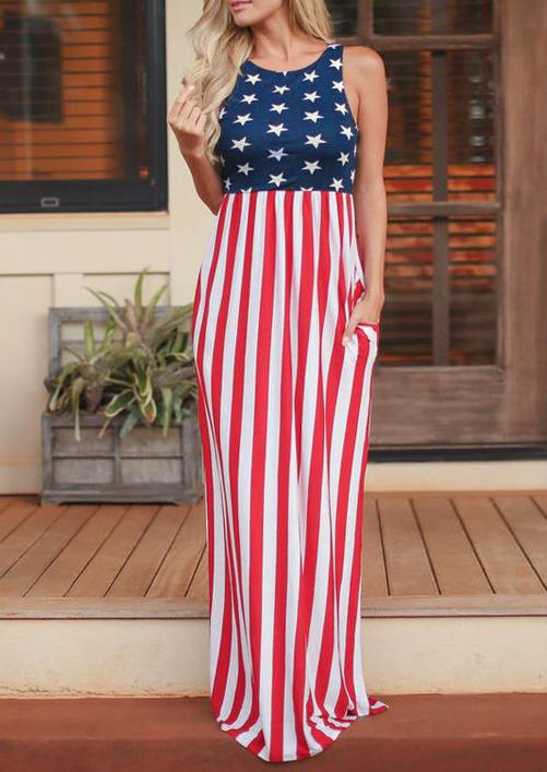 

Maxi Dresses American Flag Star Striped Pocket Maxi Dress in Multicolor. Size