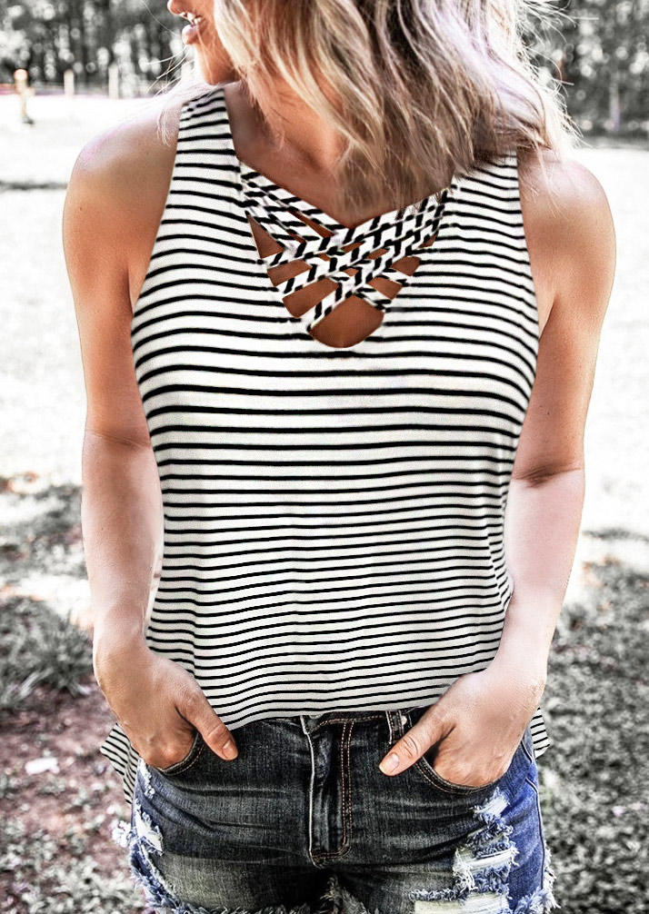 

Tank Tops Striped Criss-Cross Sleeveless Tank Top in Stripe. Size