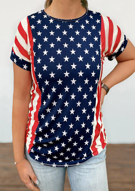 Blouses American Flag Star Striped O-Neck Blouse in Multicolor. Size: M,L