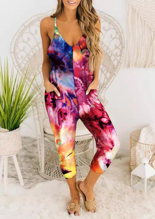 

Jumpsuits & Rompers Tie Dye Pocket V-Neck Spaghetti Strap Jumpsuit in Multicolor. Size