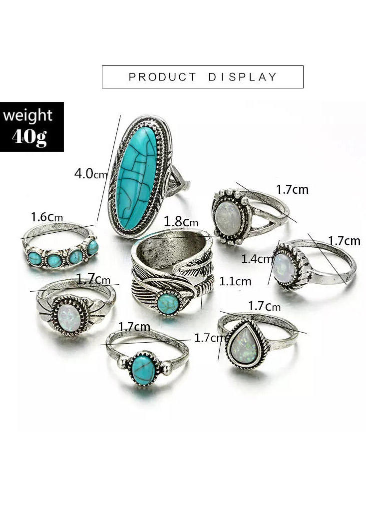 Rings Bohemian Turquoise Bead Ring Set in Silver. Size: One Size