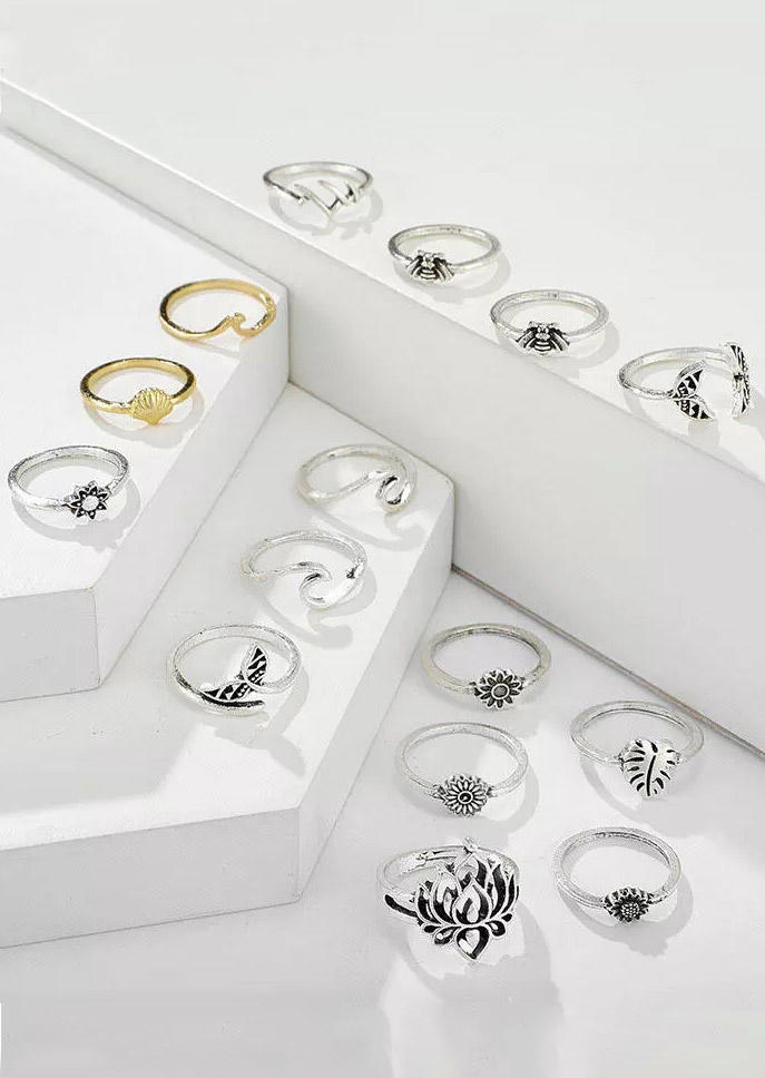 

Rings 15Pcs Vintage Bee Lotus Sunflower Ring Set in Silver. Size