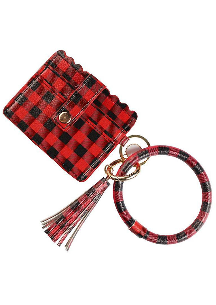 

Keychains Plaid Tassel Leather Bangle Keychain Card Holder in Red. Size