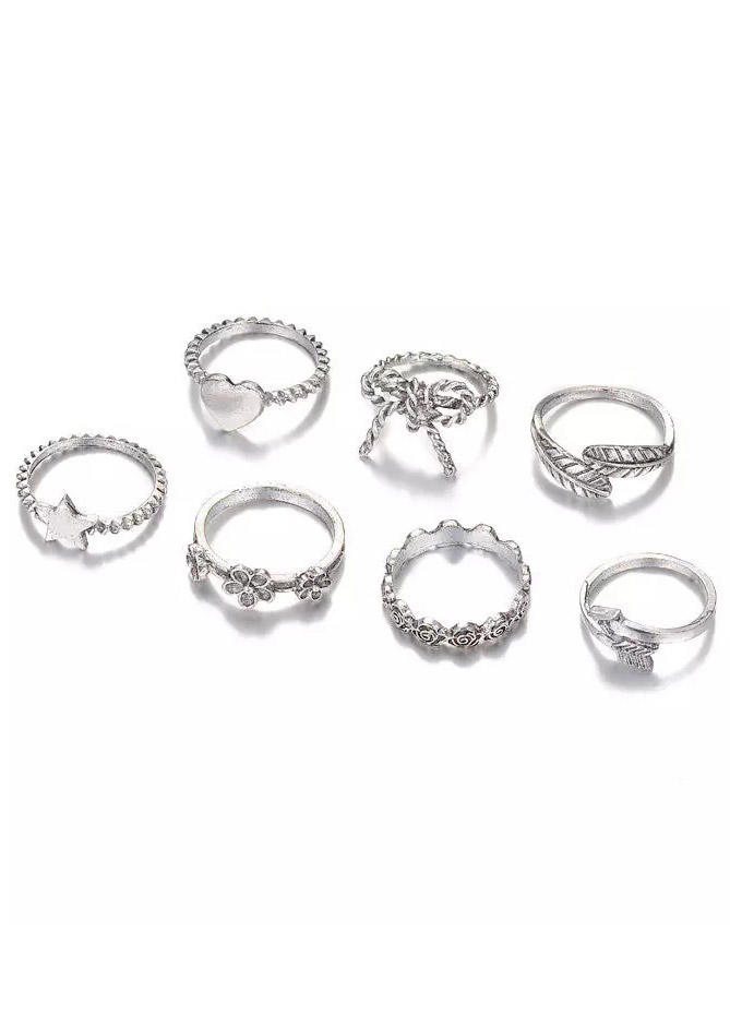 

Rings 7Pcs Heart Bowknot Floral Star Feather Ring Set in Gold. Size