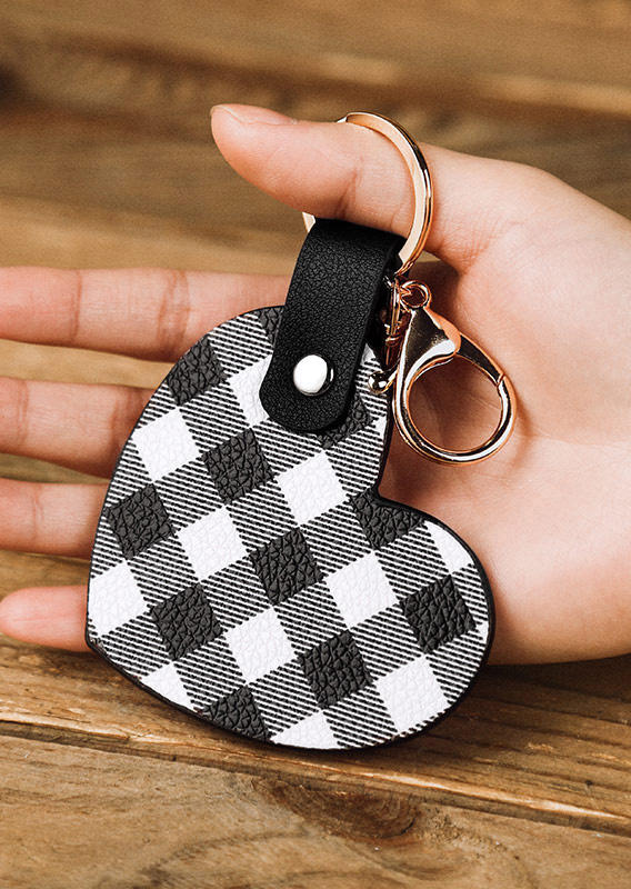 

Keychains Buffalo Plaid Heart PU Leather Keychain in White. Size