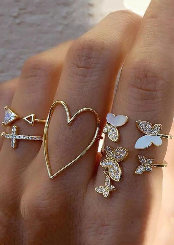 

Rings 5Pcs Rhinestone Butterfly Cross Hollow Out Heart Ring Set in Gold. Size