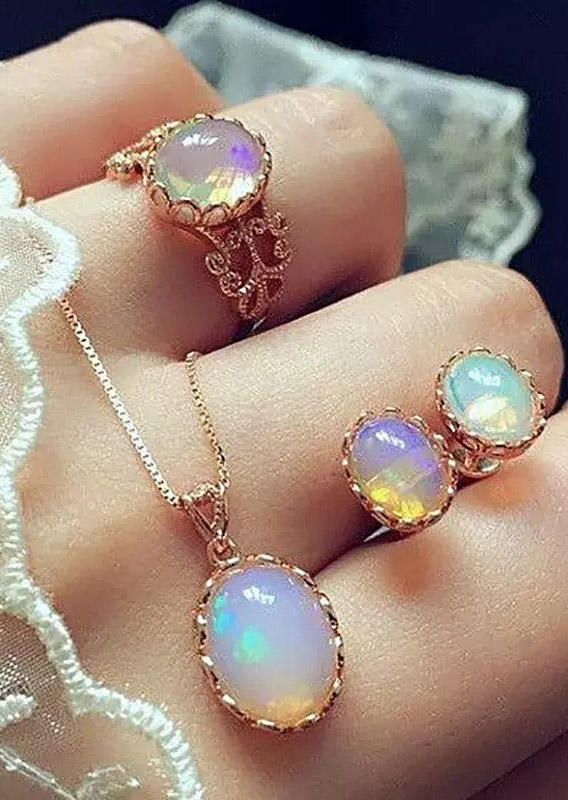 

3Pcs Opal Pendant Necklaces Earrings And Ring Jewelry Set, Rose gold, 496126