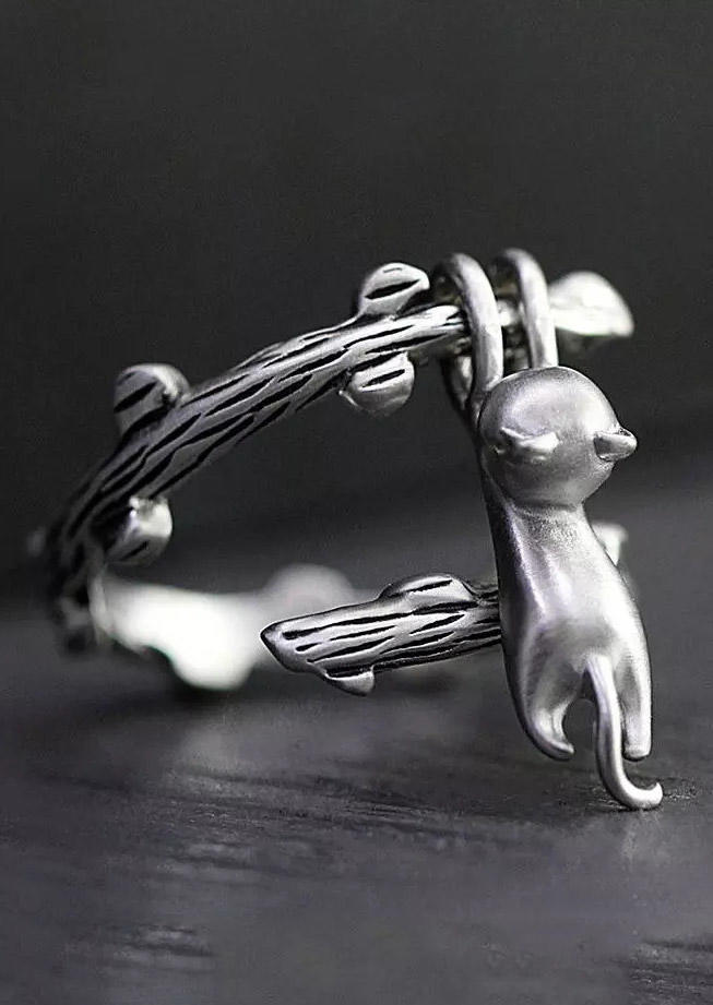 

Vintage Climbing Cat Open Adjustable Ring, Silver, 498367