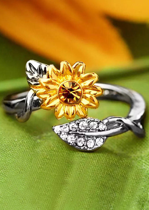 

Rings Sunflower Rhinestone Open Adjustable Alloy Ring in Silver. Size