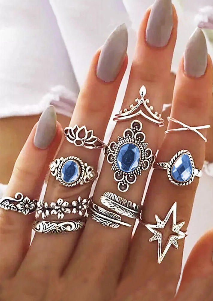 

Rings 11Pcs Inlaid Rhinestone Flower Palm Leaf Star Ring Set in Silver. Size
