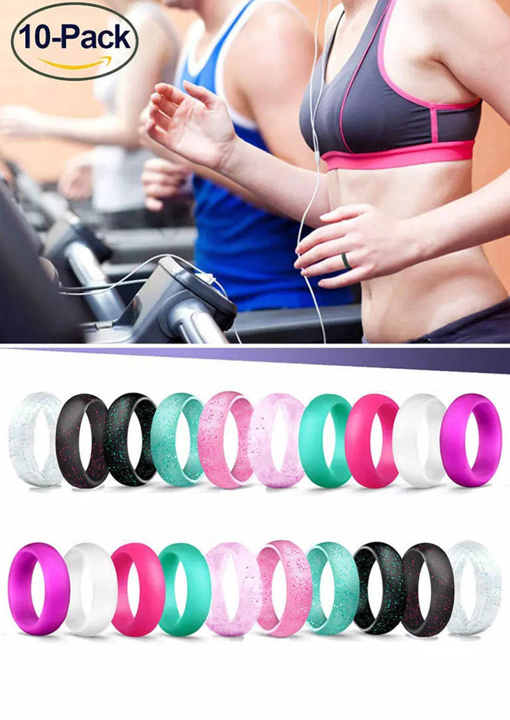 

Rings 10Pcs Glitter Sports Rubber Band Silicone Ring Set in Multicolor. Size
