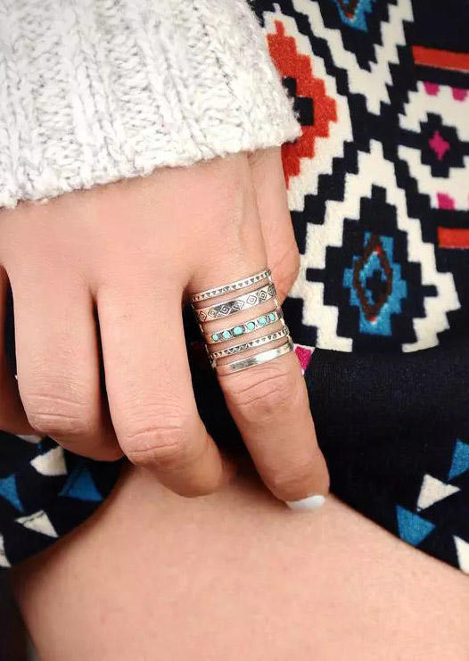

Rings Vintage Bohemian Turquoise Engraved Geometric Ring in Silver. Size