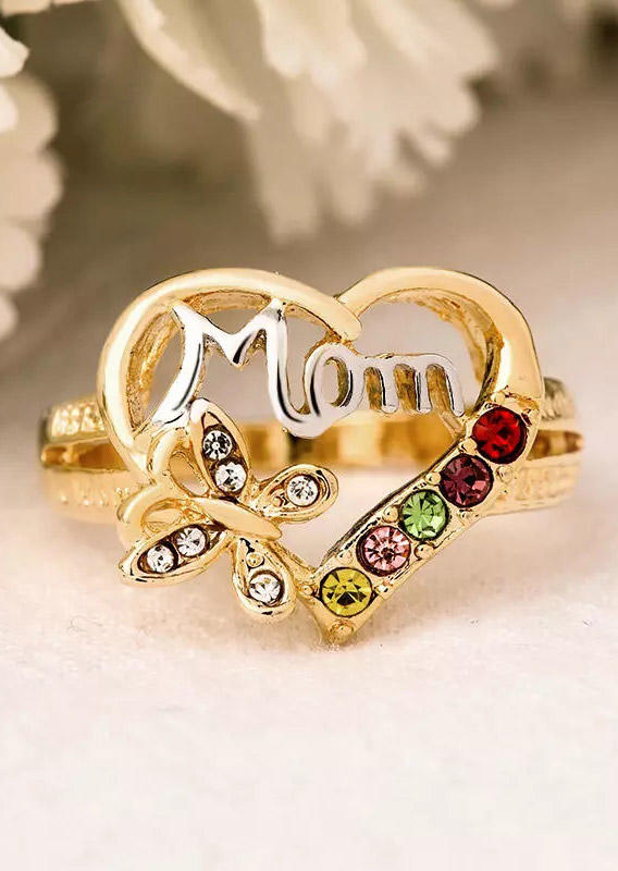 

Rings Mom Heart Butterfly Rhinestone Ring in Gold. Size