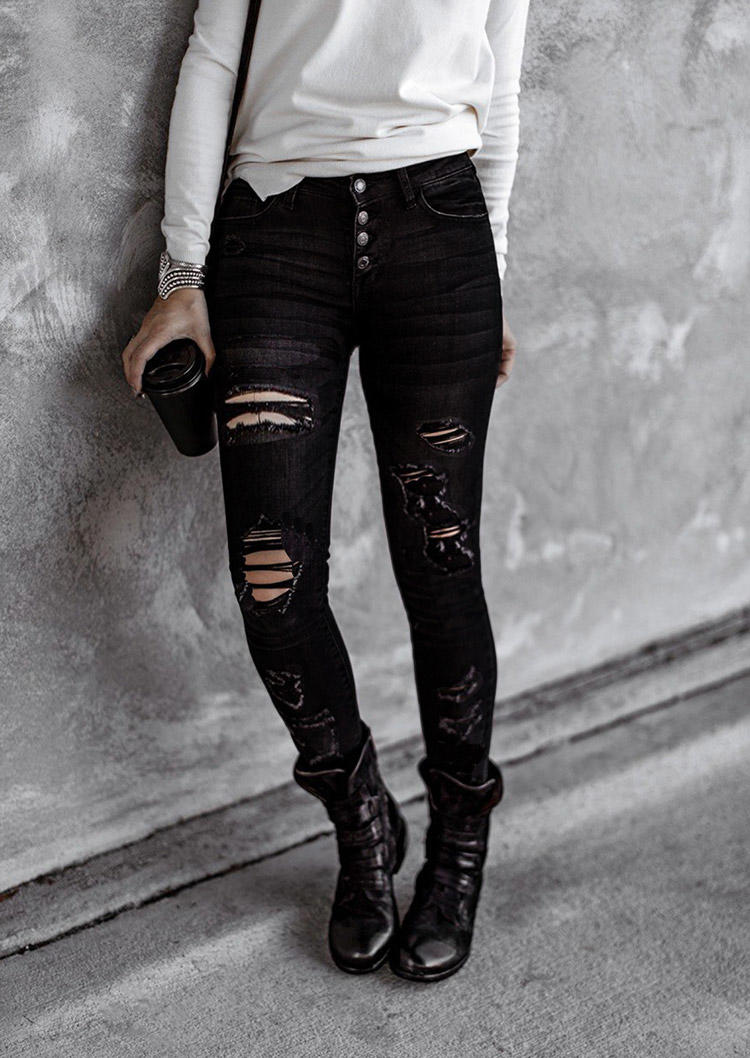 

Pants Button Ripped Hole Denim Jeans in Black. Size: ,M