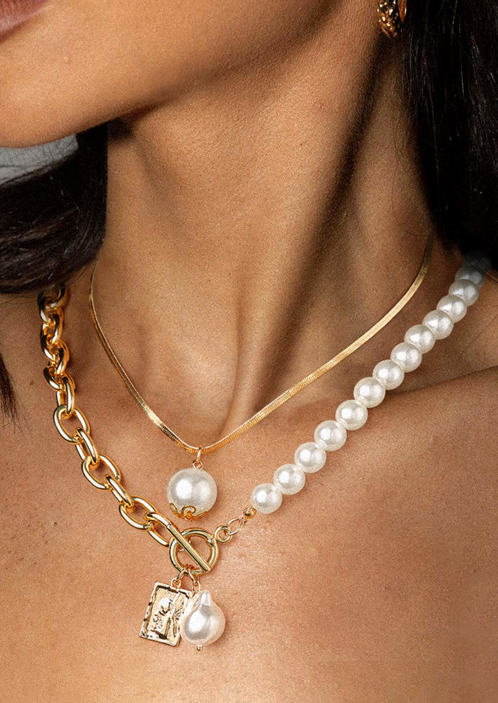 

Necklaces 2Pcs Vintage Baroque Pearl Link Chain Necklace Set in Silver. Size