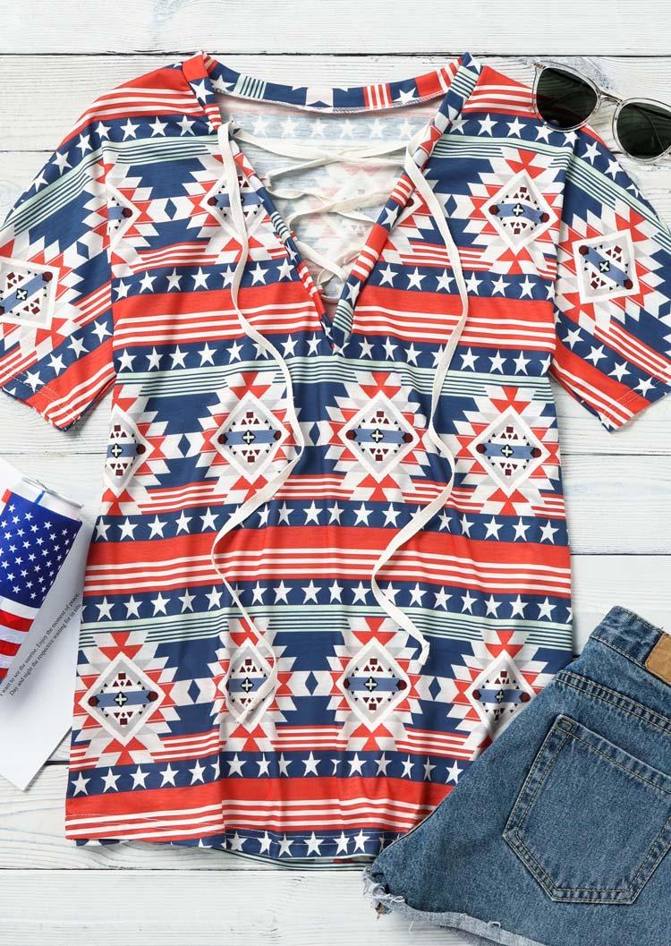 

Blouses Aztec Geometric Star Lace Up Blouse in Multicolor. Size