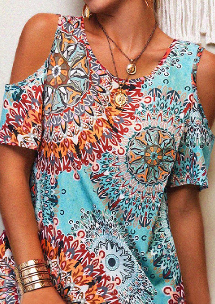 

Mini Dresses Mandala O-Neck Cold Shoulder Mini Dress in Multicolor. Size: ,XL