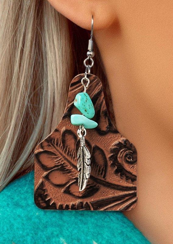

Earrings Vintage Turquoise Palm Leaf Pendant Leather Earrings in Coffee. Size