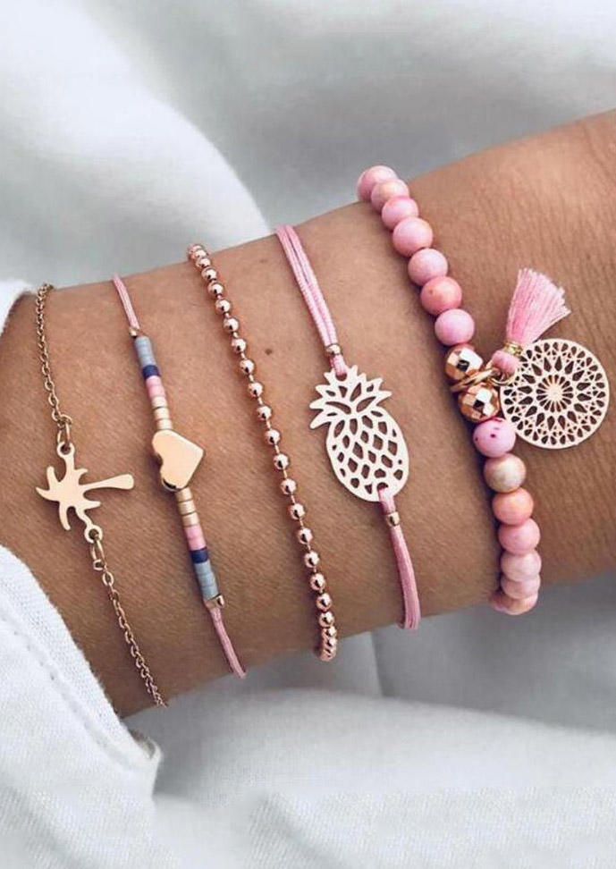 

Bracelet 5Pcs Coconut Tree Pineapple Heart Colorful Beading Tassel Bracelet Set in Gold. Size