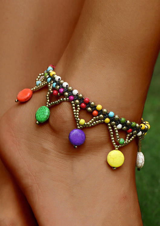 

Body Jewelry Bohemian Turquoise Colorful Beading Adjustable Braided Anklet in Multicolor. Size