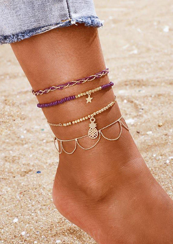 

Body Jewelry 4Pcs Pineapple Star Pendant Beading Bracelet Set in Purple. Size
