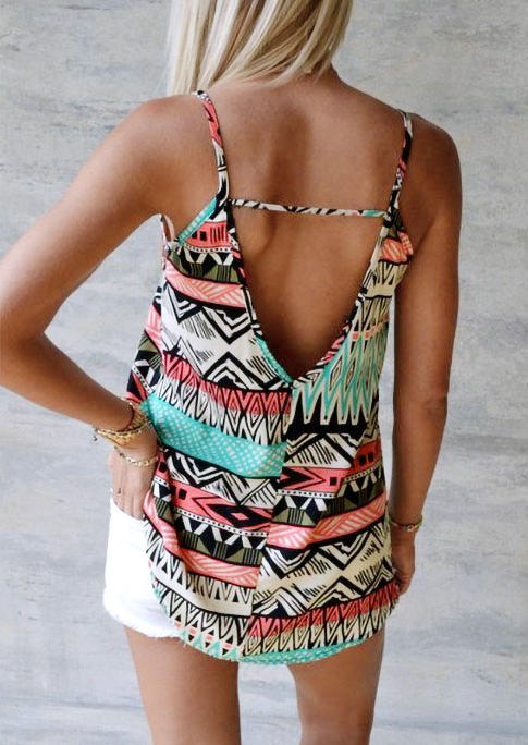 Tank Tops Aztec Geometric Hollow Out Open Back Camisole in Multicolor. Size: L