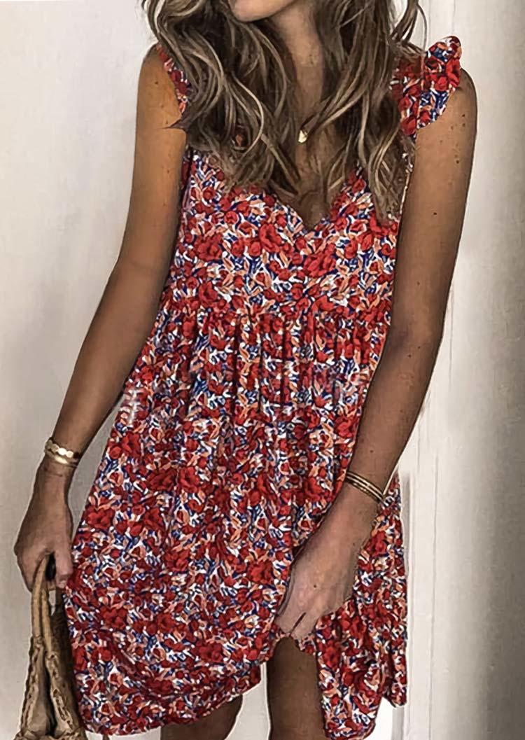 

Mini Dresses Floral Ruffled V-Neck Mini Dress in Multicolor. Size