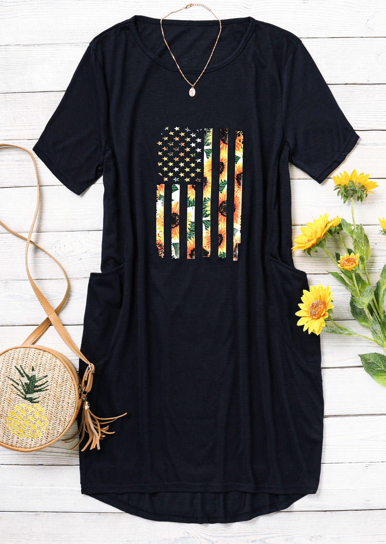 

Mini Dresses American Flag Star Striped Sunflower Pocket Mini Dress in Navy Blue. Size