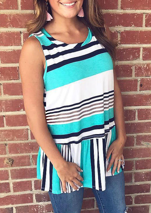 Striped Ruffled O-Neck Sleeveless Tank