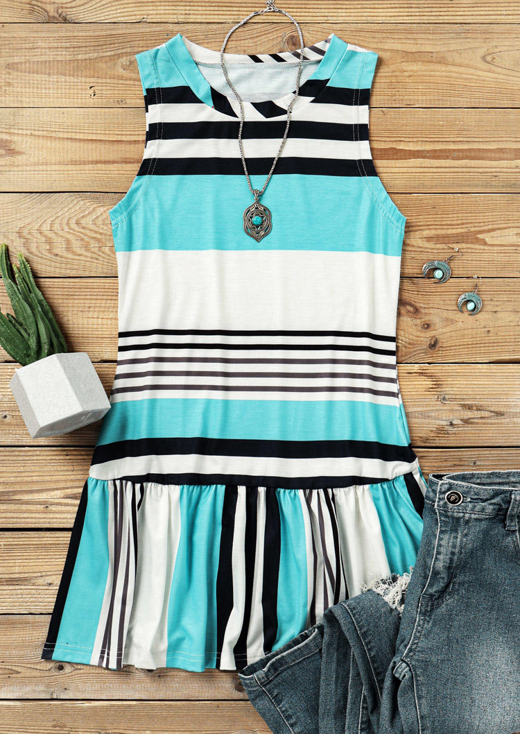Tank Tops Striped Ruffled O-Neck Sleeveless Tank Top in Multicolor. Size: L,M,S,XL