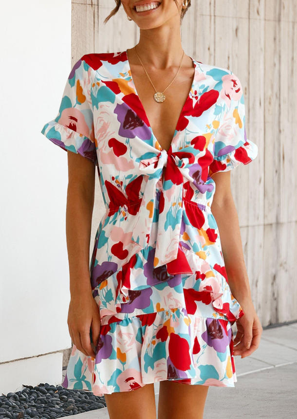 

Mini Dresses Ruffled Bowknot V-Neck Layered Mini Dress in Multicolor. Size: ,L