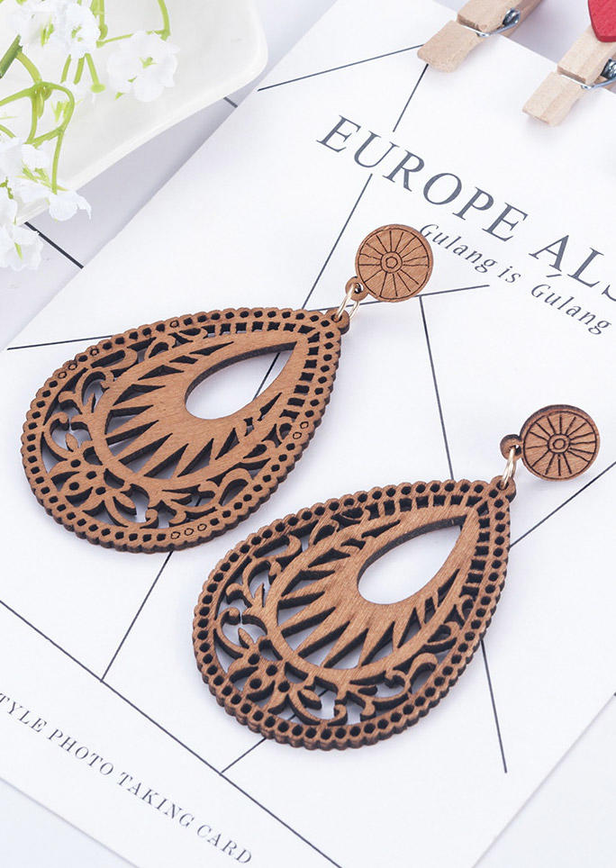 

Earrings Vintage Hollow Out Water Drop Shaped Wooden Earrings in Dark Brown. Size