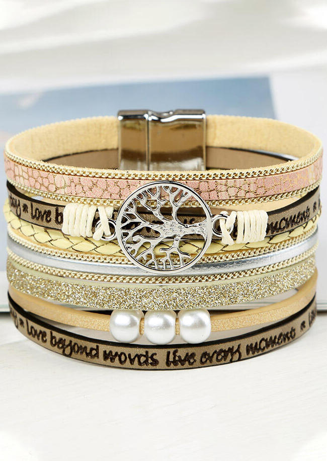 

Bracelet Magnet Buckle Pearl Leather Bracelet in Khaki. Size