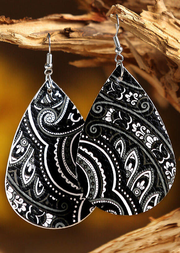 

Earrings Mandala Printed PU Leather Earrings in Black. Size