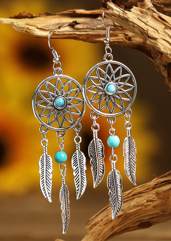 

Earrings Hollow Out Turquoise Feather Pendant Earrings in Silver. Size