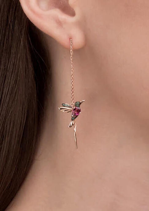 

Earrings Hummingbird Rhinestone Stud Threader Long Drop Earrings in Peach Red. Size