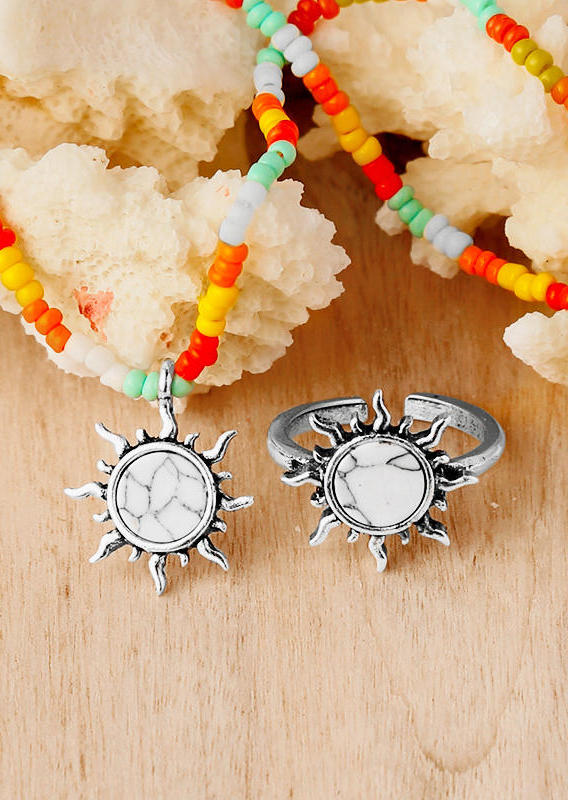 

Necklaces 2Pcs Turquoise Sunflower Colorful Beading Necklace And Ring Set in White. Size