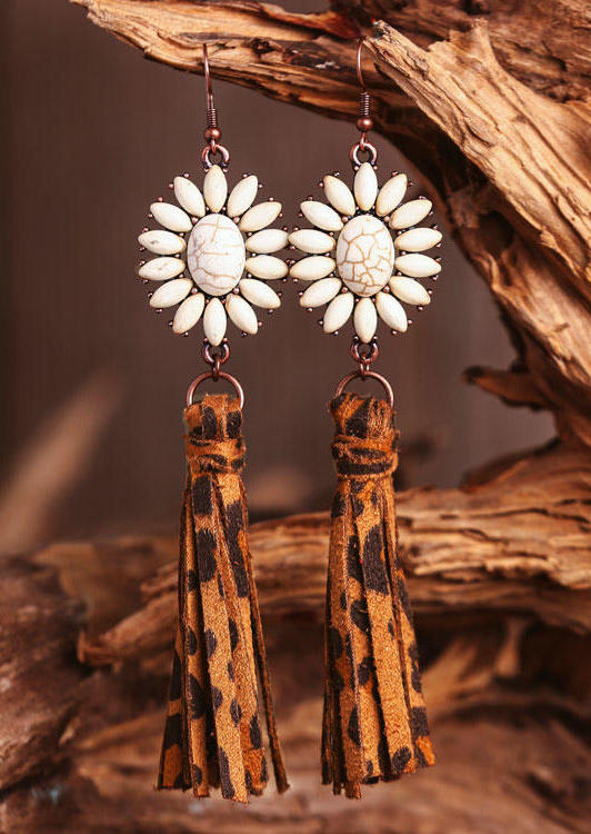 

Earrings Flower Natural Stone Leopard Tassel Leather Earrings in Leopard. Size