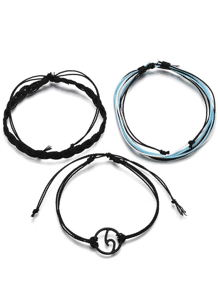

Bracelet 3Pcs Wave Hollow Out Braided Bracelet Set in Black. Size