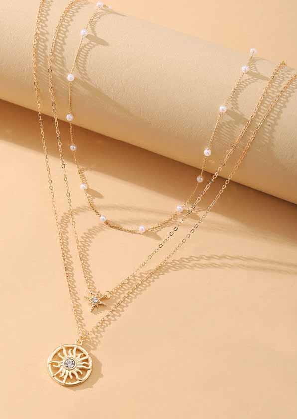 

Necklaces 3Pcs Vintage Sunflower Pearl Necklace Set in Gold. Size