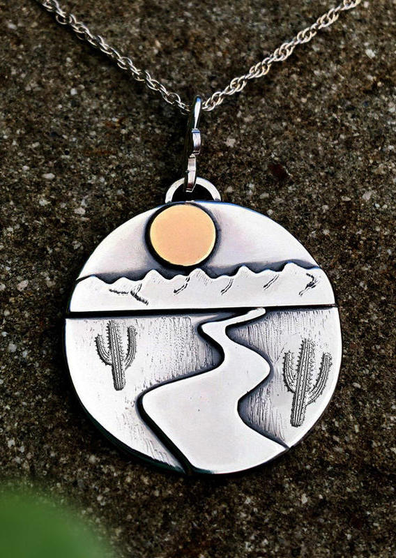 

Necklaces Vintage Mountain Cactus Sunset Pendant Necklace in Silver. Size