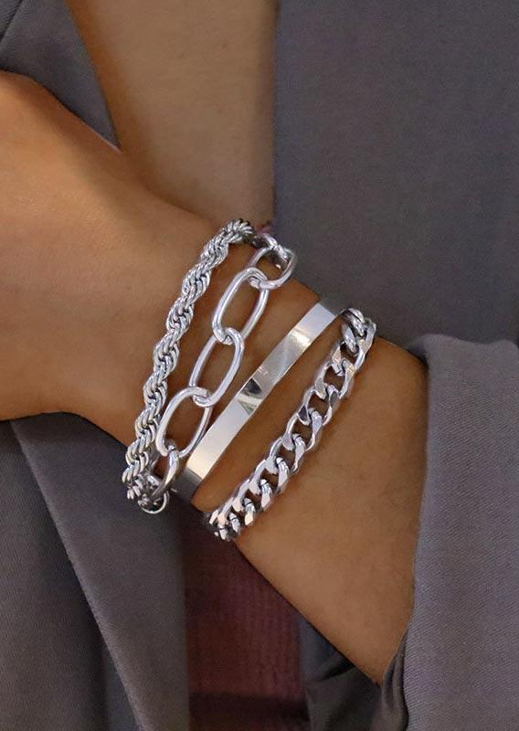 

Bracelet 4Pcs Hip-Hop Style Alloy Link Bracelet Set in Silver. Size