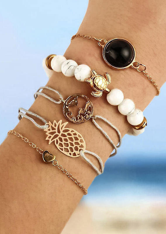 

Bracelet 5Pcs Bohemian Pineapple Turtle Beading Heart Bracelet Set in Gold. Size