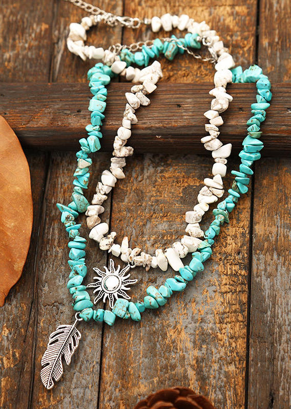 

Necklaces 2Pcs Turquoise Sun Feather Pendant Necklace Set in Blue. Size